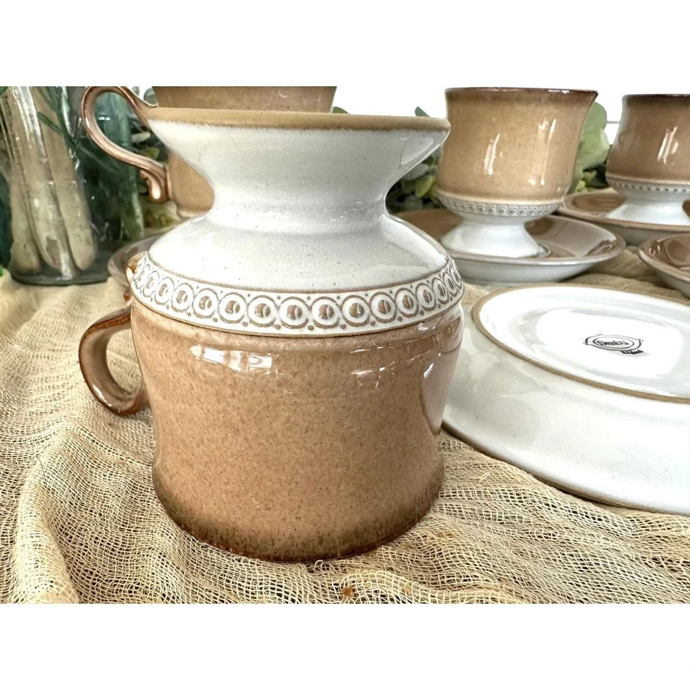 Seven 1980's Seville Denby Langley cup saucer tan cream‎ England Stoneware VTG